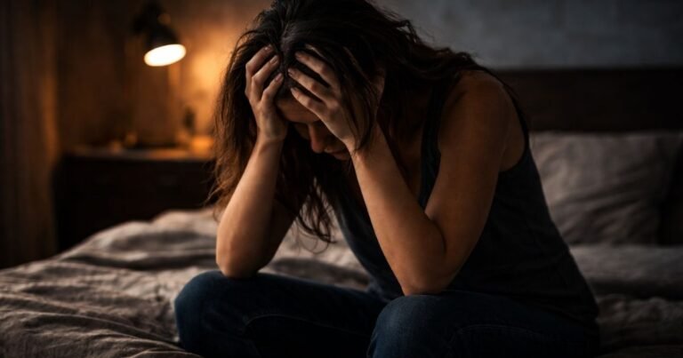 Person sitting on bed holding their head in distress symbolising destructive life patterns