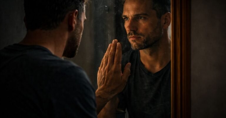 Person looking at their reflection in a mirror representing identity and self awareness