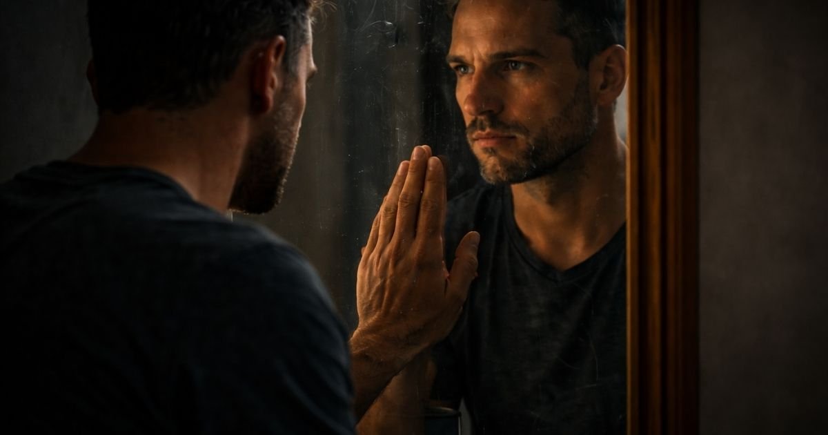 Person looking at their reflection in a mirror representing identity and self awareness