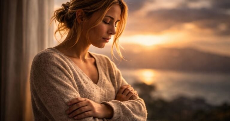 Calm person standing peacefully at sunset symbolising living in alignment with oneself