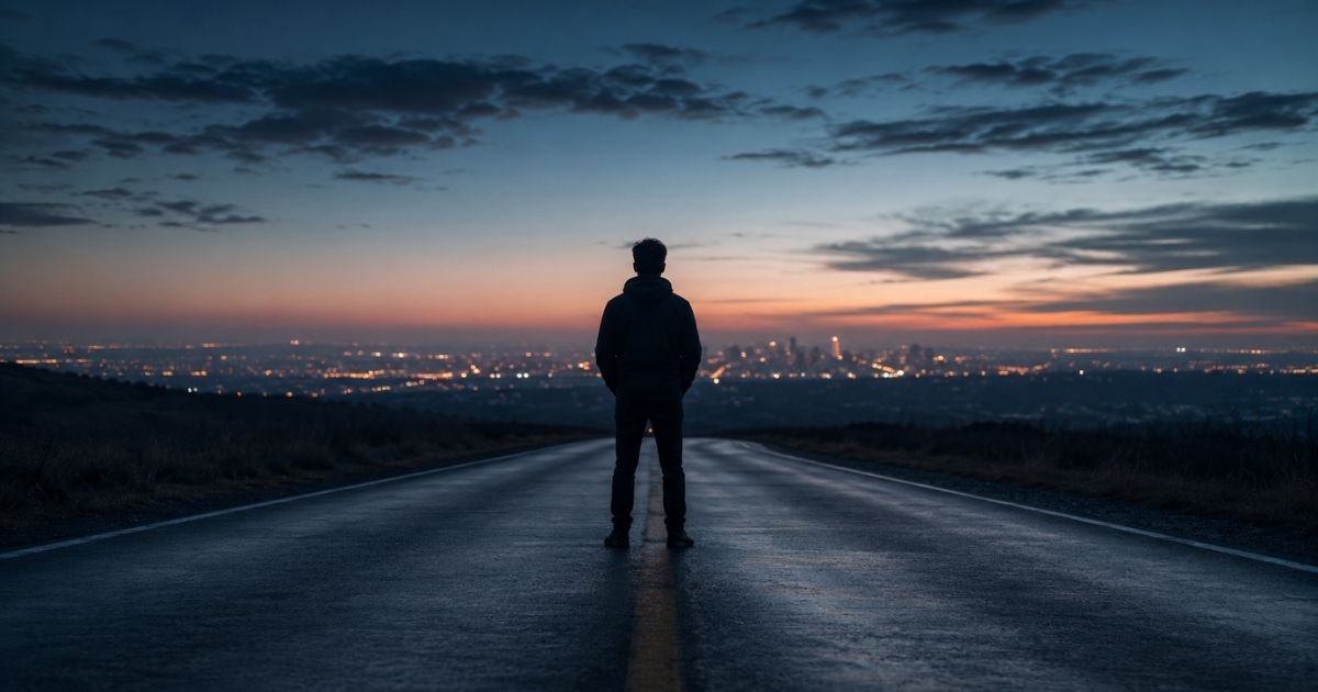 A solitary figure on an empty road at dawn representing what it can feel like to feel disconnected from your own life.
