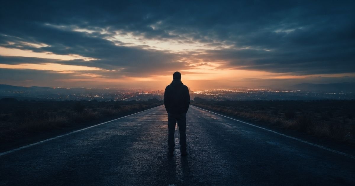 Feeling stuck at the beginning of waking up, shown by a solitary figure on a dark road facing a distant glow.