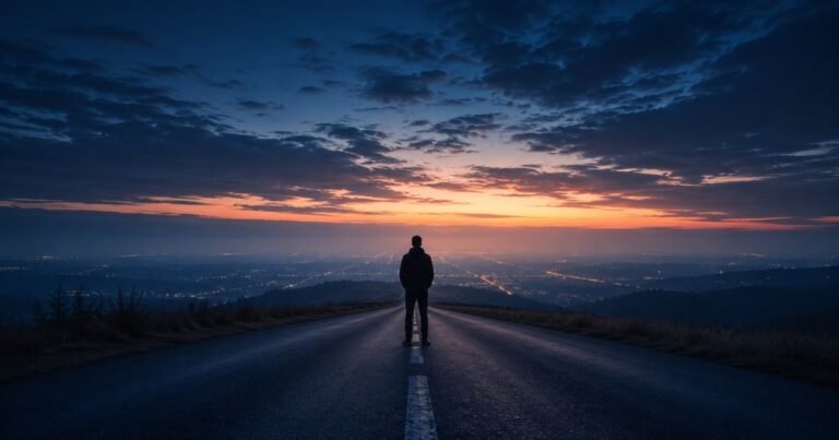 Feeling unfulfilled represented by a solitary figure on an empty road facing a distant dawn light.