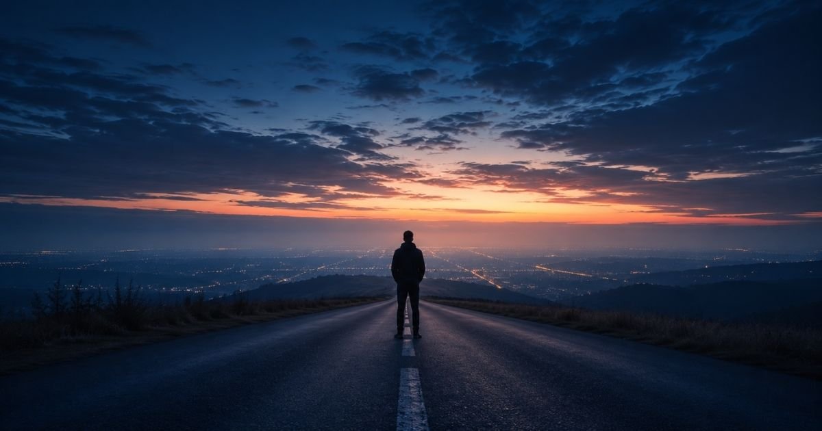 Feeling unfulfilled represented by a solitary figure on an empty road facing a distant dawn light.