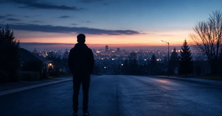 Anonymous figure on an empty road at dawn questioning is this really my life as awareness begins.