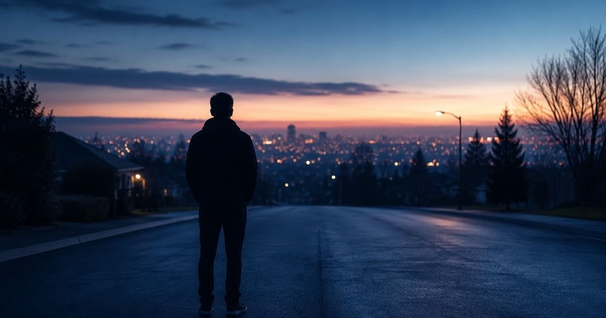 Anonymous figure on an empty road at dawn questioning is this really my life as awareness begins.
