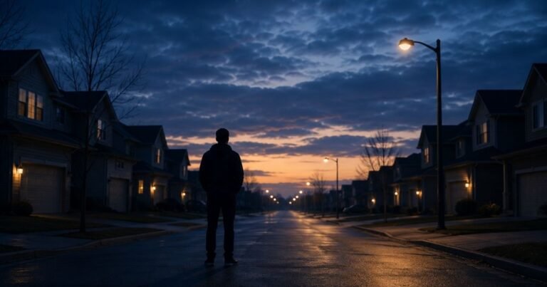 Life looks normal but feels wrong, shown by a solitary figure standing on a quiet street at dawn.