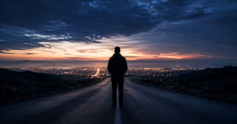 Anonymous figure on an empty road at dawn representing the hidden cost when your life no longer fits.