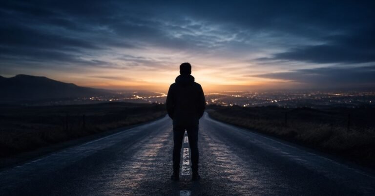 outgrown your current life signs shown through a solitary figure standing on an empty road facing distant light