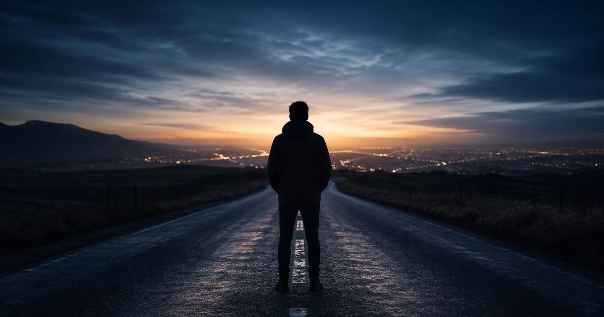 outgrown your current life signs shown through a solitary figure standing on an empty road facing distant light