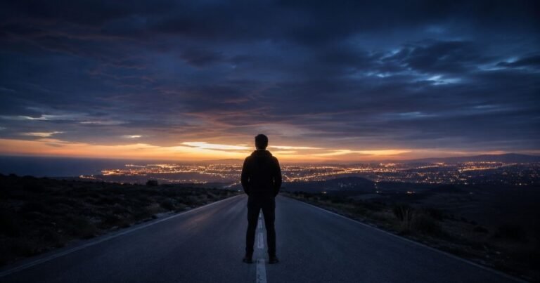 What to do when you feel lost in life, shown by a solitary figure on an empty road at dawn facing a distant city glow.