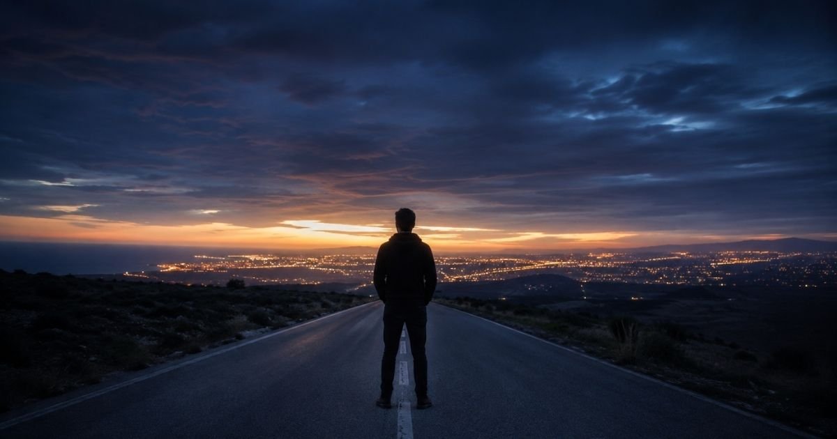 What to do when you feel lost in life, shown by a solitary figure on an empty road at dawn facing a distant city glow.